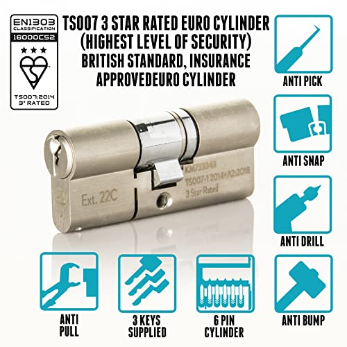 TS007 3 Star British Standard Insurance Approved Euro Lock. Anti Snap Police Preferred Product Satin Nickel Finish with 3 Keys. 3 Star Euro Cylinder. (45mm Internal x 55mm External (100mm Total)) - Image 2