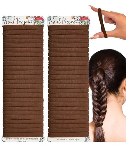 Soul Projekt - Elástico para cabello marrón, 50 unidades, 8 mm, resistente, antirotura, para niña, hombre y mujer, colete de pelo sin enganchar, para cola de caballo, trenzas y gimnasio
