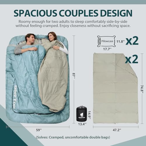 Image of GEERTOP Queen Size Double Sleeping Bag with Blanket for Camping Couples Two Person Adults, Removeable Top Cover 4 Season Backpacking Hiking