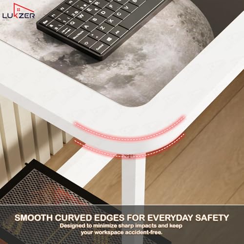 Image of Lukzer Engineered Wood L-Shaped Corner Study and Computer Laptop Table for Home or Office | MST-007 /White & White | Multi-Functional Sturdy Gaming Station and WFH Desk with Metal Frame
