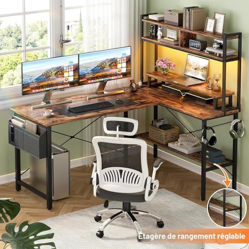 Bureau en L avec LED et prises intégrées table de jeu marron - 7