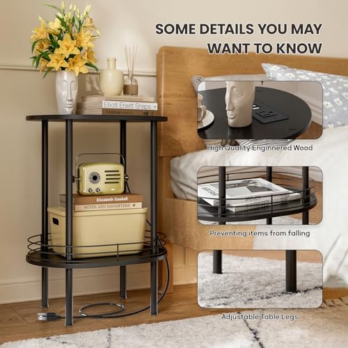 Image of Small Oval Side Table with Charging Station, 2-Tier Black Round End Table | Narrow Nightstand with USB Ports and Outlets, Bedside Table for Small Space - Living Room, Bedroom, Nursery,(1PC,Black)