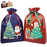 クリスマス ラッピング 袋 プレゼント 袋 大きい ギフト袋 【２枚セット】不織布 巾着袋 プレゼント用 贈り物 包装袋 リボン付き パーテイー用 プレゼント用 サンタクロース コスプレ小物 ギフトバッグ かわいい 子供 お菓子袋 (ブルー+レッド, 2L 44*58CM)