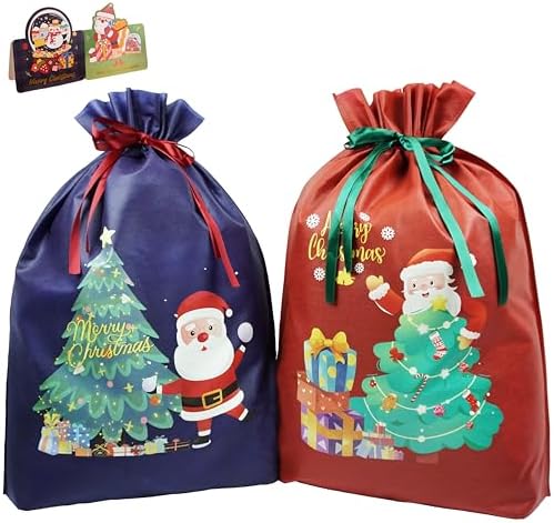 （01:00時点） クリスマス ラッピング 袋 プレゼント 袋 大きい ギフト袋 【２枚セット】不織布 巾着袋 プレゼント用 贈り物 包装袋 リボン付き パーテイー用 プレゼント用 サンタクロース コスプレ小物 ギフトバッグ かわいい 子供 お菓子袋 (ブルー+レッド, 2L 44*58CM)