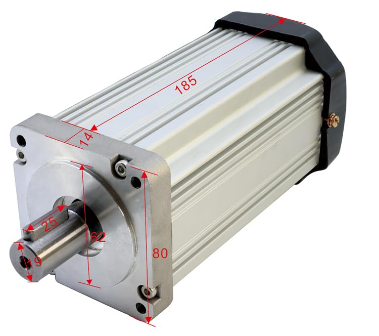 Isometric view of the QIWO BLDC motor with key dimensions labeled, including overall length, flange size, and shaft diameter.