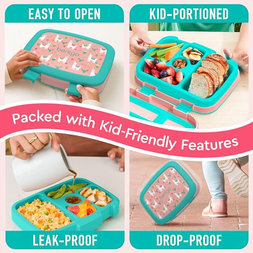 Image of Bentgo Kids Prints Leak-Proof, 5-Compartment Bento-Style Kids Lunch Box - Ideal Portion Sizes for Ages 3-7, Durable, Drop-Proof, Dishwasher Safe, & PFAS & BPA-Free Materials (Llamas)