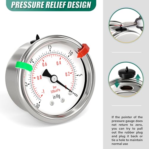Image of -30inHg-0psi Stainless Steel Vacuum Industrial Pressure Gauge 1 /4 inch NPT 2 inch Dual Scale, Back Mount,Waterproof, for Pneumatic Equipment, Pumps, compressors (with Range Mark Pointer)