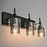 Zicbol Vanity Light Fixture Black Bathroom Light Fixtures, 3 Lights Vanity Lights with Clear Glass and Metal Mesh, Bathroom Wall Light for Bathroom Bedroom Living Room Kitchen Hallway