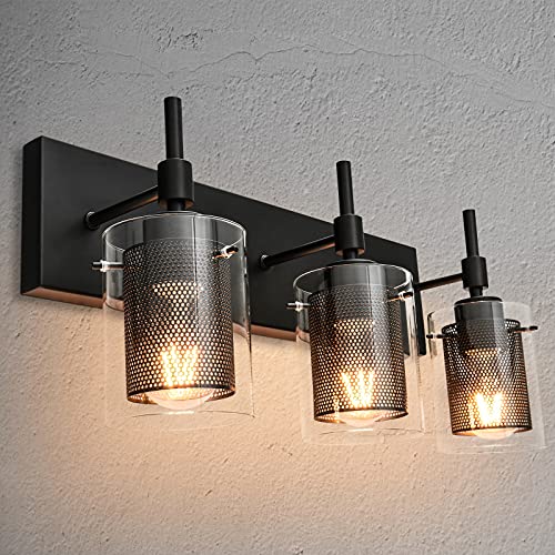 Zicbol Vanity Light Fixture Black Bathroom Light Fixtures, 3 Lights Vanity Lights with Clear Glass and Metal Mesh, Bathroom Wall Light for Bathroom Bedroom Living Room Kitchen Hallway