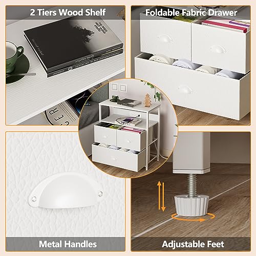 Furnulem White Nightstand with Charging Station, Industrial Bedside Tables with 3 Fabric Drawers and Wooden Shelf for Bedroom, Bedroom Furniture - Image 6