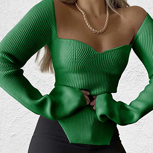 Image of Women's Square Neck Ribbed Knitted Sweater Long Sleeve Crop Slim Fitted Basic Pullover Tops