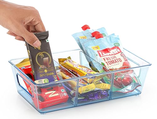 Image of Xiran Fridge Storage Boxes Organizer Bins, 3 Partition Stackable Fridge Storage Basket, Plastic Freezer Storage Containers for Fish, Meat, Vegetables, Fruits (Pack of 2, Blue)