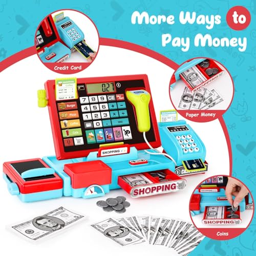 Image of Kids Cash Register with Scanner and Sound, Microphone, Shopping Basket, 52 Shop Accessories, Role-Play Toys for Children, Play Money, Children's Cash Register (Blue)