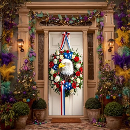 Image of Patriotic Eagle Door Cover 35x71in USA Flag Rose Ring