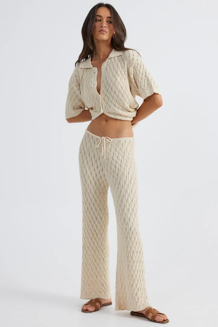 Summer Outfits for Women Button Short Sleeve Top and Wide Leg Pants Matching Lounge Set - Image 2