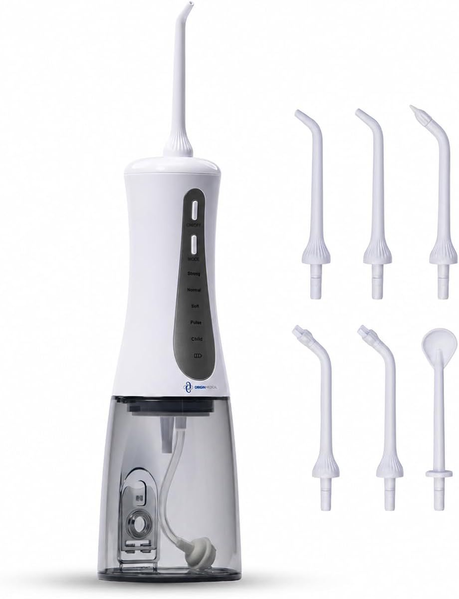 Origin Medical Water Flosser Cordless Oral Irrigator – 350ml Detachable Tank, 5 Pressure Modes, USB-C Rechargeable, IPX7 Waterproof, 6 Tips, Ultra Quiet, Portable Dental Flosser – White