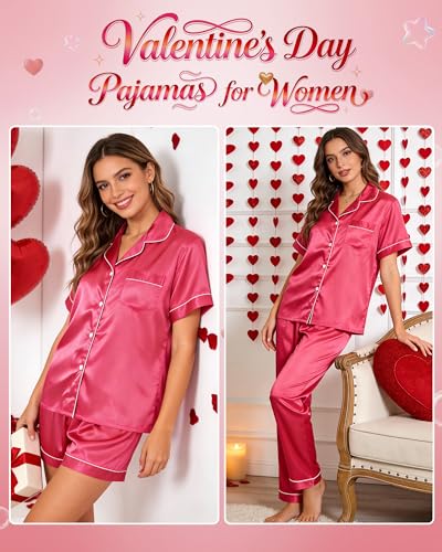 Image of 3 Piece Silk Satin Pajama Set for Women Soft Short Sleeve Button Down Pjs with Shorts Long Pants Sleepwear S-XXXL