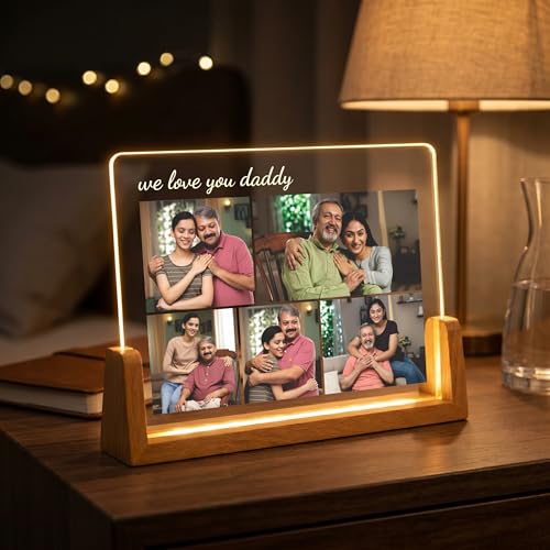 Image of Giftplease Personalized We Love You Daddy Acrylic LED Photo Frame with Wooden Base | Customized Multi-Photo Lamp Gift for Father's Day, Birthday | Warm Glow Night Light