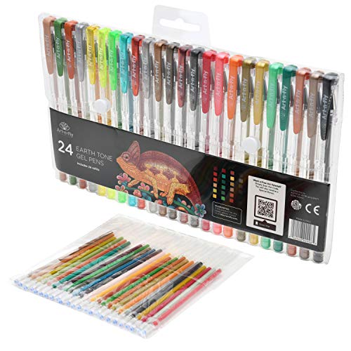 Art-n-Fly Earth Tones Gel Pen for Artist 0.7mm Fine Point - Nature Tones with Japanese Ink 24 pack Pens for Drawing, Coloring, Sketching & Writing Archival Gel Ink