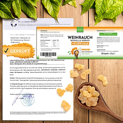 Weihrauch Kurkuma Vergleichssieger, 180 Kapseln hochdosiert Boswellia Serrata 2000mg, 85% Boswelliasäure, 500mg CURCUMA, 95% Curcuminoide Tagesdosis, ohne Zusätze oder chemische Entzündungshemmer
