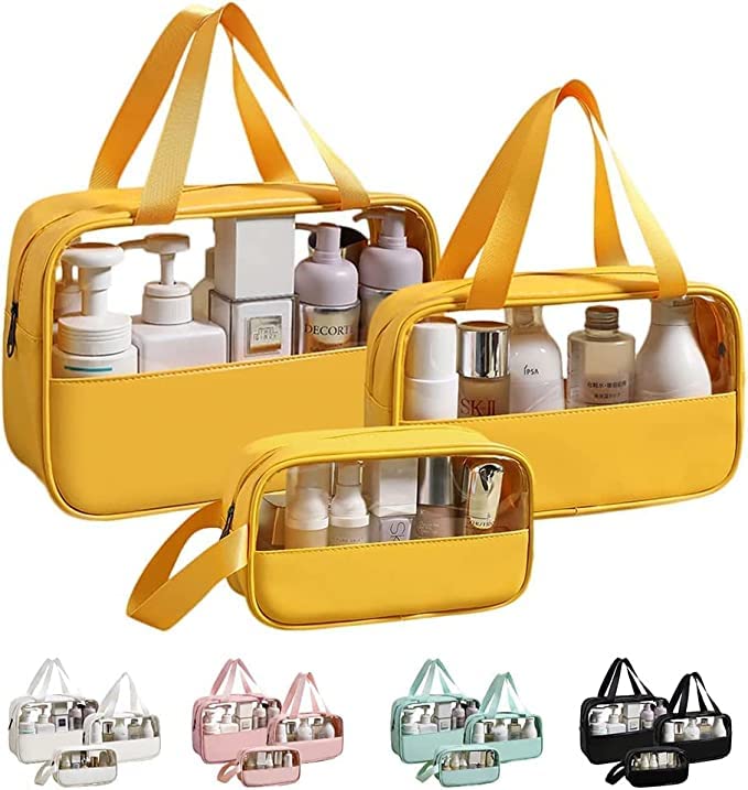 Image of Waterproof Toiletry Bag for Men and Women Travel Toiletry Bag Transparent Makeup Bag Hanging Cosmetic Organizer Bag (Set of 3 Bag) (Yellow)