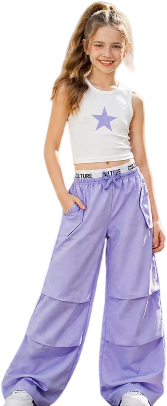 Girls 2 Piece Outfit, Y2K Sleeveless Star Crop Tank Top with Wide-Leg Pants, Purple and White, Ages 8-12