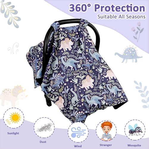 Image of Pea Pod Baby Car Seat Cover, Breathable Infant Carseat Cover for Summer Peekaboo Opening Car Seat Canopy Cover, Nursing Cover for Baby Boys Girls (Blue Dinosaurs)