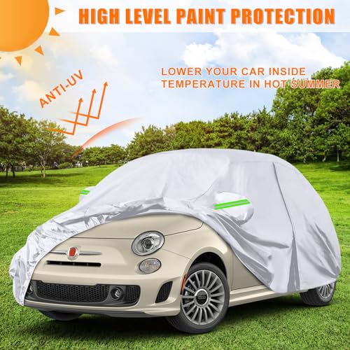 Image of Waterproof Car Covers Replace for 2007-2024 Fiat 500 /500C, 6 Layers Silver All Weather Car Cover with Zipper Door & Windproof Bands for Snow Rain Dust Protection