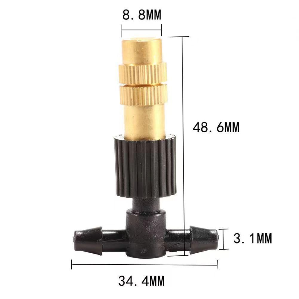 Aspersor ajustable con emisores de micro pulverización, juego de boquillas de cobre para pulverización de baja presión con manguera de 4/7 mm, 50 boquillas de latón + conector en T de 4/7 mm.