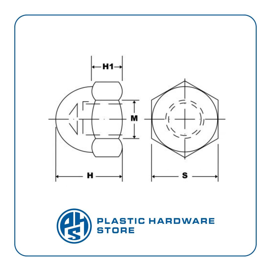 Dadi Ciechi Esagonali in Plastica (Nylon 6.6), Dado a Cappuccio con Testa a Sfera, Bloccaggio e Copertura Filettature, Uso Industriale, Domestico - M10 - Nero - 100 pezzi - Plastic Hardware Store