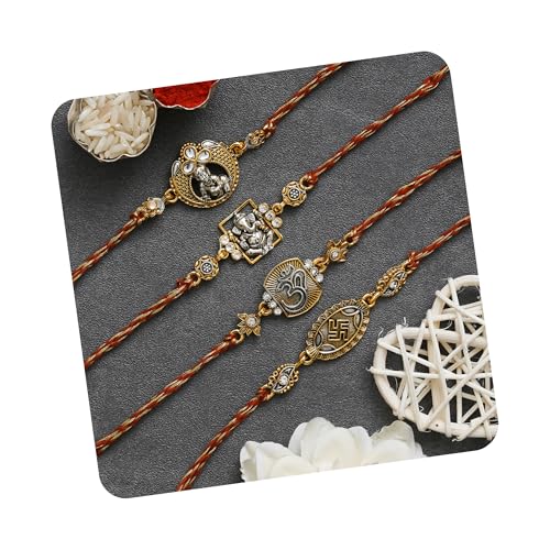 Image of eCraftIndia Set of 4 Golden Laddu Gopal, Lord Krishna Playing Flute, Lord Ganesha, and Shivling Religious Rakhis with Green Red Threads, and Roli Chawal Pack