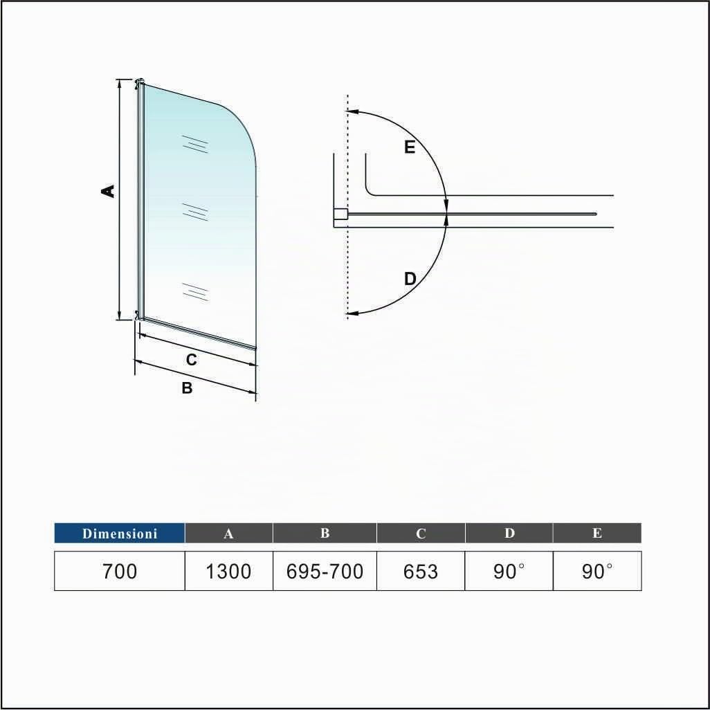 Sopravasca Parete Per Vasca Girevole 180 Gradi vetro 5mm 70x130cm | Cromo Lucido Telaio, Trasparente Vetro Temperato