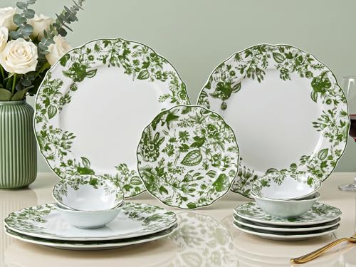 Image of Bodhi House Porcelain Dinner Set 12 Pieces - Green Leaf | White Dinnerware Set | 4 Dinner Plates, 4 Quarter Plates, 4 Katori Bowls | Premium Crockery Set for Dining, Kitchen & Gifting