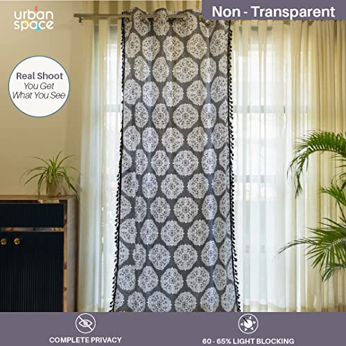 Image of Urban Space Boho Decorative Curtains for Window, 100% Cotton Curtain 5 Feet Long, Set of 1 Curtains with Tassels, 60-65% Room Darkening Curtain with Tieback and Eyelets (Mandala Grey, 5 Feet)