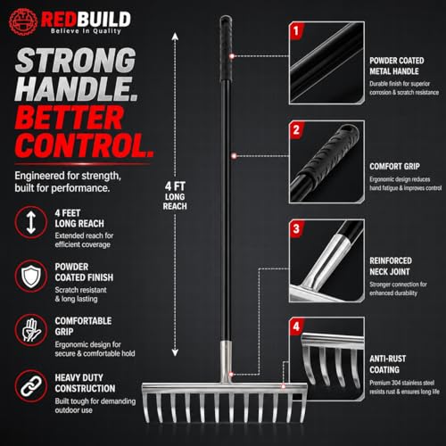 Image of REDBULD Heavy Duty Stainless Steel Garden Rake with Long Handle | Rake for Gardening | Rake for Quick Clean Up of Lawn and Yard | Garden Leaf | Garden Fork