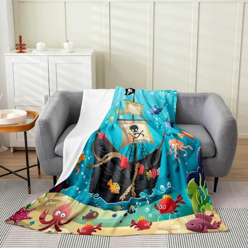 Cartoon Pirate Ship Print Fleece Blanket Throw 50x60 Marine Adventure Blanket for Kids Underwater Ocean Fish Flannel Blanket Cute Octopus Jellyfish Bed Blanket Lightweight