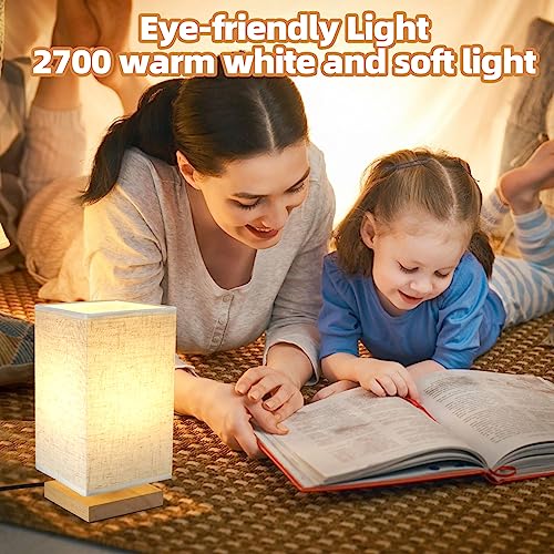Image of Small Square Bedside Table Lamp for Bedroom, Minimalist Wood Base & Round Fabric Shade, Mini Cute Cozy Warm Nightstand Boho Lamp, Study Desk Night Stand Light for Room, Dorm, Nursery, Living Room