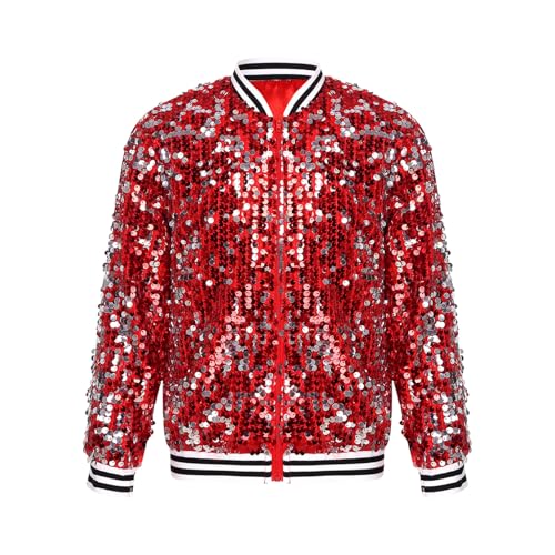 renvena Girls Sequin Baseball Jacket Long Sleeve Zip Up Bomber Jacket Glitter Kids Disco Dance Top