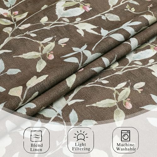 Image of Chyhomenyc Light Filtering 84 Inch Window Curtains - Linen Blend Floral Printed Curtains Drapes for Living Room, Soft Farmhouse Curtain for Bedroom, 52Wx84L Inch, 2 Panels, Chocolate