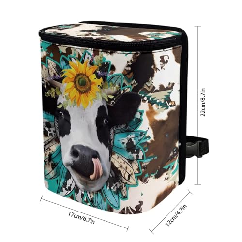 Image of Cow Print Car Trash Can Bin with Lid,Leak Proof Portable Small Garbage Bag Waste Rubbish Storage Bin for Back Seat Road Trip Travel,Aztec Cow Car Accessory for Women