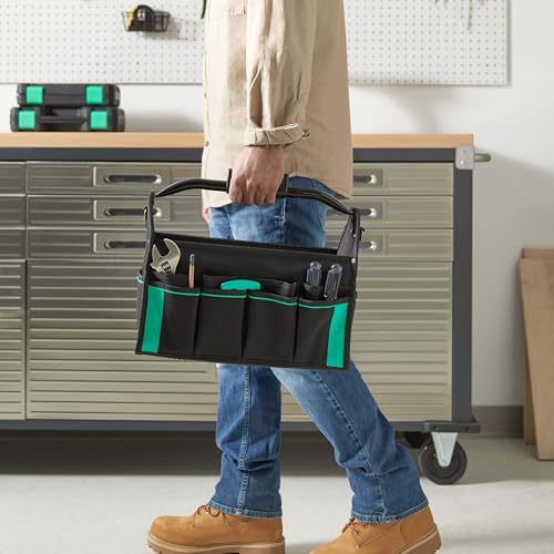 Image of Amazon Basics Tool Bag Organizer with LED Light, 30 Pockets, Adjustable Shoulder Straps, Portable, Black