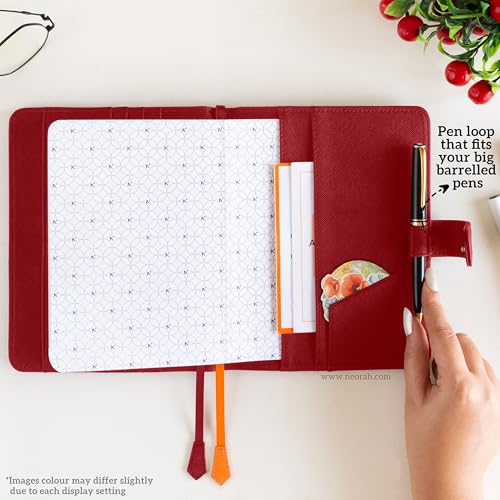 Image of NEORAH - B6 Notebook SLEEVE with SNAP Button + Dotgrid JOURNAL | Faux Leather Sleeve + Penloop | 2 Front 1 Back compartment | 6 Card Slots - RED