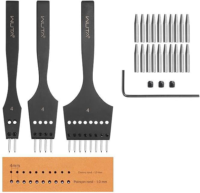 WUTA Leather Punching Tool, 3rd Generation Professional Leather Punch Set, Interchangeable Inserts for Diamond, Olives, Round Holes (4mm-2+4+8)