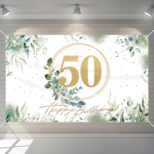 BORISCA Pancarta 50 Cumpleaños Verde Blanco Oro 110*180 cm, Decoración para Fiesta de Cumpleaños, Pancarta de Fondo, Adornos