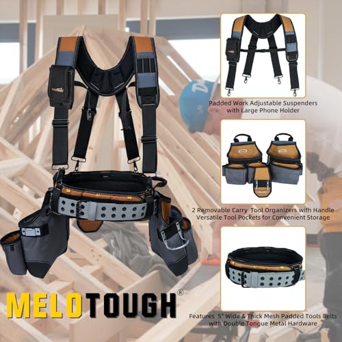 Image of MELOTOUGH 28-Pocket Pro Framer's rig Combo Apron Tool Belt and Heavy Duty Padded Suspenders with Magnetic Desinger for Technician /Carpenter /and Electrician's Tools (Khaki)