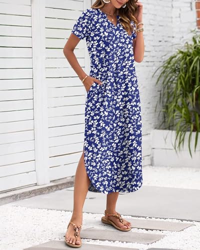 Image of MISFAY Women's Summer Maxi Dress 2026 Casual Short Sleeves V Neck Loose Sundress Split Long Beach T Shirt Dress