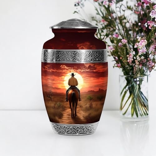 Image of Cowboy Cremation Urns for Human Ashes - Horse Urn for Ashes Adult Male Dad - Sunset Funeral Urns for Women - Large Decorative Urn for Adult Female (Size:- 10 Inch 1 Pc)