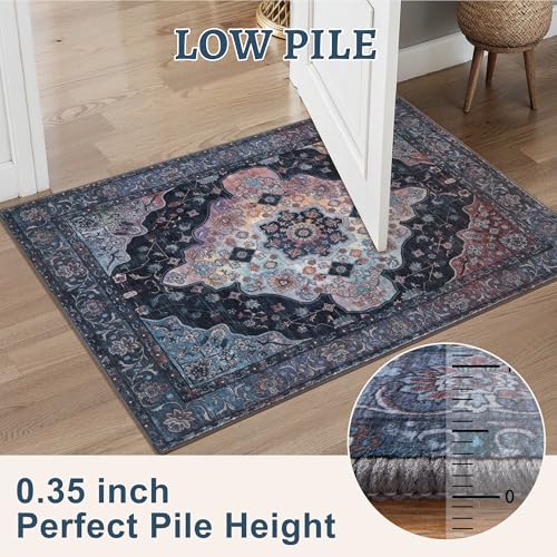 Image of Tangsoo 2x10 Washable Runner Rug for Hallways, Non Slip Vintage Runner Soft Low Pile Long Rug Runner, Print Distressed Navy /Mlulti Carpet Runners for Kitchen Bedroom Entryway Bathroom Living Room