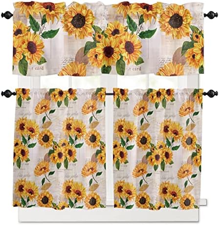 Wohnkutu 3 Piece Sunflower Kitchen Valance and Tier Set, Yellow Floral Small Half Window Tier Curtain 36 Inches Length, Sunflower Newspaper Clipping 54" x 18" Valance Window Treatment Decor for Cafe