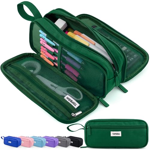 Image of TOPBIDAI Large Pencil Case Pouch for Girls Boy Women Men Adults | Big Capacity Canvas Pencil Bag, Office School Supplies, Multi Compartment Zipper Stationery Pen Box(Dark Green)
